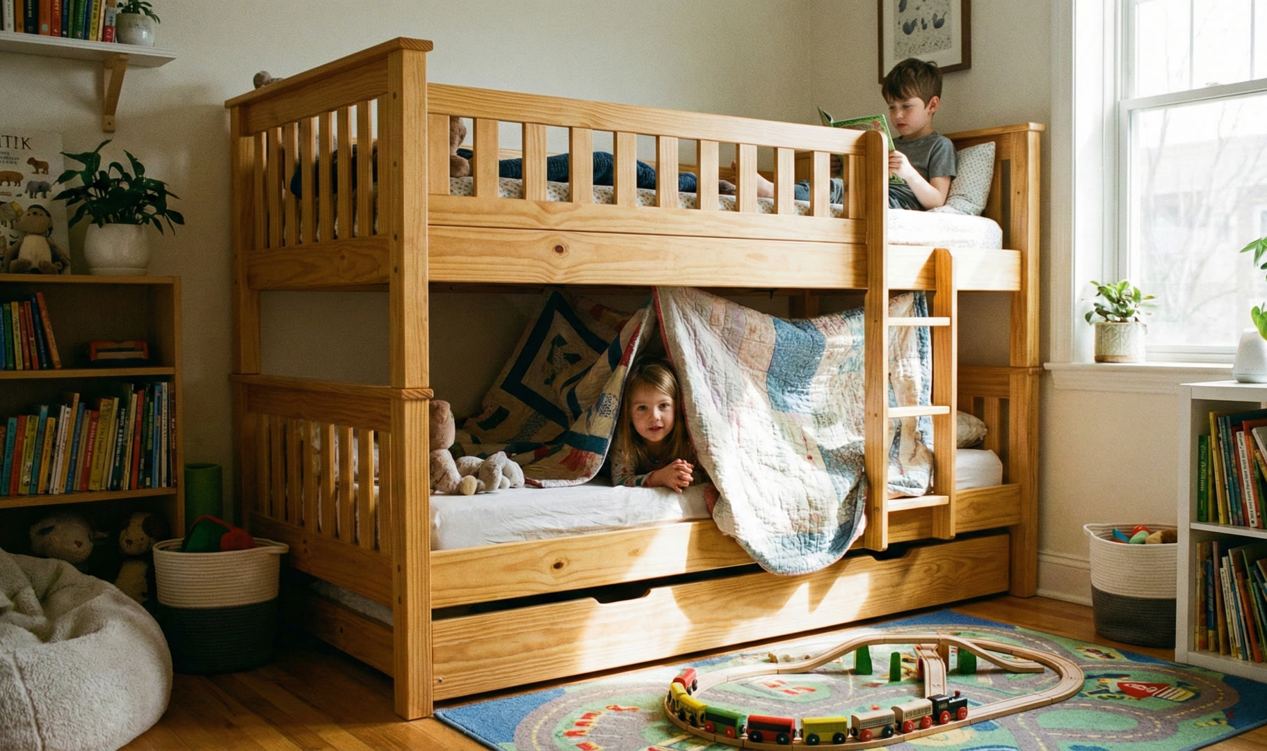 Łóżko piętrowe z wysuwaną szufladą pomagającą w organizacji przestrzeni